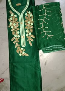 Unstitched Dark Green Thread Embroidery Suit