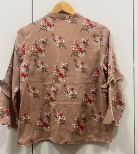 Madame Women Brown Floral Print Tie-Up Neck Top