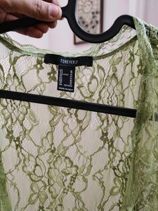 [Forever 21] Green Lace Sheer Cropped Top