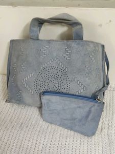 Blue Suede Shoulder Bag with Pouch