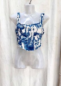 I. Blue &amp; White Botanical Print Crop Top