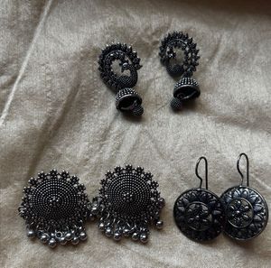 Oxidised Silver Jhumka & Round Earrings Set