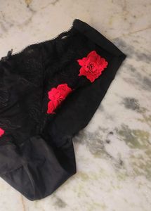 Black Lace Briefs with Red Floral Applique