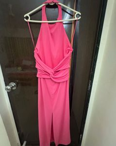 Hot Pink Halter Neck Ruched  and backless Dress