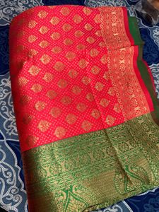Elegant Red & Green Brocade Saree ❤️