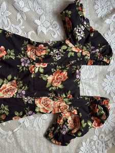 Black Floral Puff Sleeve Midi Dress