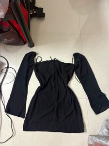 Black Ruched Mini Dress Long Sleeve Mesh Detail