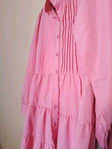 Pink Tiered Midi Shirt Dress