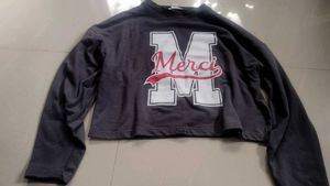 Grey "Merci" Graphic Cropped Long Sleeve Top