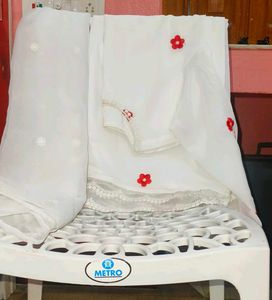 White Kurta /kurti / anarkali with Red Floral Embr