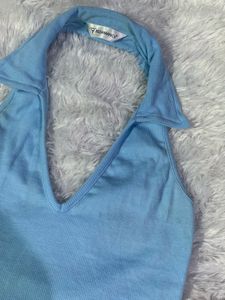 Cute Light Blue Collared Halter Top