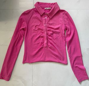 Vibrant Pink Ruched Collared Top