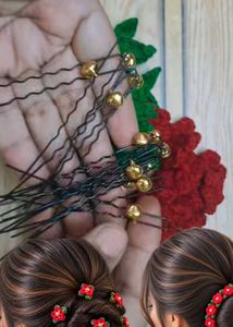 Handmade Red Flower Hair Bun Clips