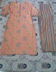 Peach Floral Kurta &amp; Striped Pant Set
