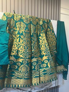 Silk Teal &amp; Gold Brocade 3 piece  Lehenga KurtiSet