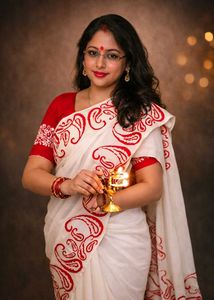 Elegant White Saree with Red Paisley Border Embroi
