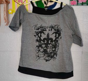 Grey Graphic Print Off-Shoulder Top