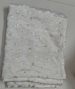 White Sequined Floral Dress Material