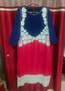 Blue & Red Embroidered Kurti
