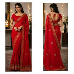 Beautiful Red Embroidered Saree with Blouse