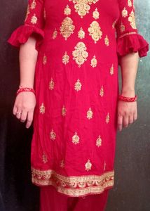 Red & Gold Embroidered Salwar Suit Set For Women
