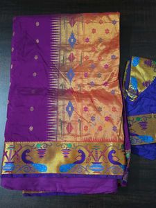semi paithani Purple Saree with Peacock Border