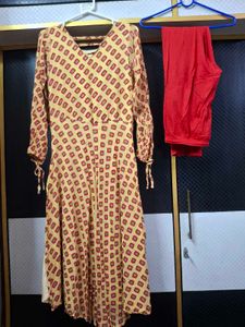 Yellow &amp; Red Printed Anarkali Kurta Set