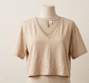 H&M Beige V-Neck Cropped T-Shirt