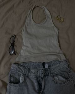 Cream Halter Neck Top & Grey Jeans