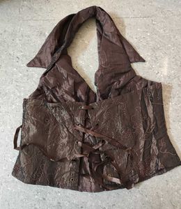 Brown Embroidered Halter corset Top