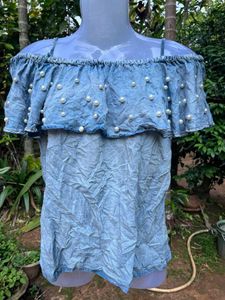 Denim Off-Shoulder Pearl Top