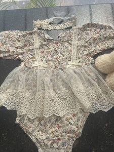 Floral Lace romper Set with Slippers and headband