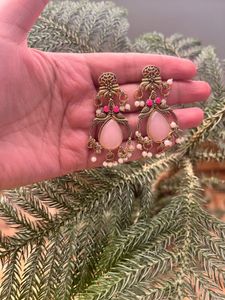 Elegant Pink Stone Dangle Earrings