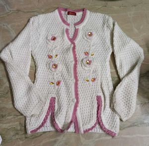 Designer Apple Cut Sweater (White N Pink)