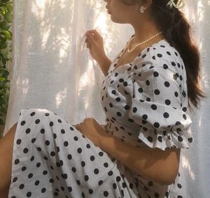 Chic Polka Dot Midi Dress puffy sleeves