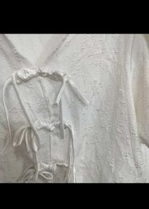 White Textured V-Neck Tie-Up Top