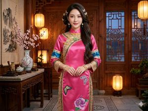 Elegant Pink Silk Gown with Floral Embroidery