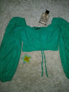 Emerald Green Puff Sleeve Crop Top