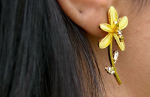 Yellow Flower Stud Earrings with Crystals