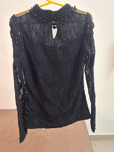 Elegant Black Lace Top with Pearl Collar