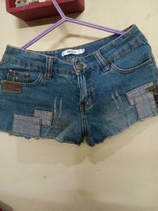 Distressed Denim Shorts with Patchwork