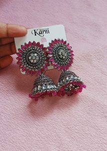 Jhumka Earrings - Pink & Silver