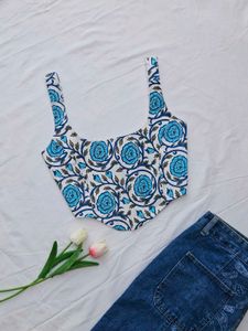 Blue floral print corset Top