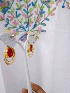 Gold Tone Red Stone Hoop Earrings
