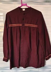 Maroon Trendy Full Sleeves Notched Neckline Top , XL