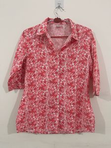 Red & White Printed Button-Up Top