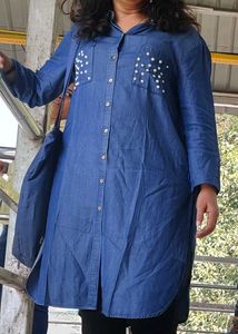 Pearl Embellished Denim Tunic Shirt