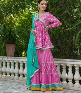Elegant Pink Floral Kurta Sharara Set
