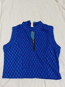 Blue Textured Zip-Up Sleeveless Top