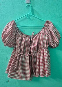 Gingham Off-Shoulder Tie-Up Top